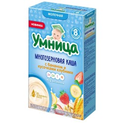 Каша молочная, Умница 200 г многозерновая с бананом и кусочками клубники с 8 мес картонная коробка